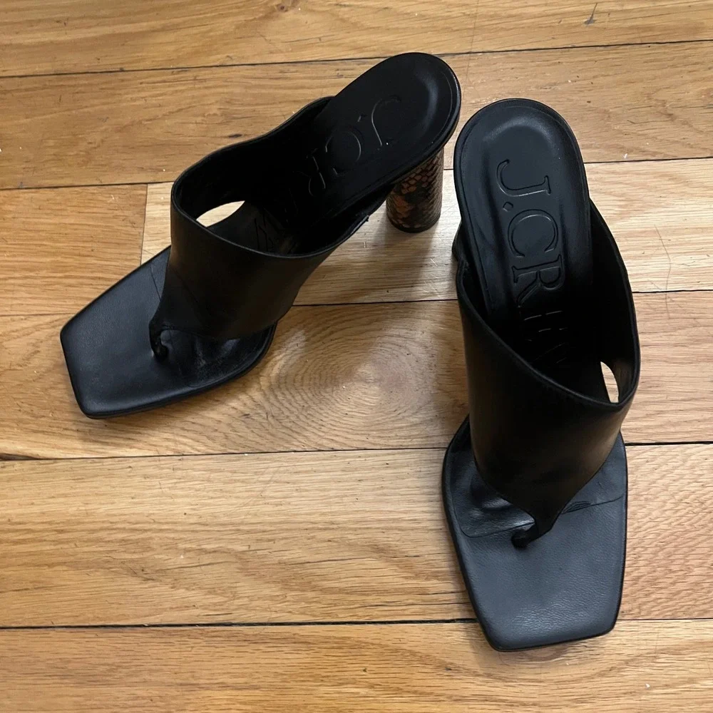 J.Crew‎ Black Leather Wide Thong Heel Square Toe Snakeskin Block Sandal BX895 8